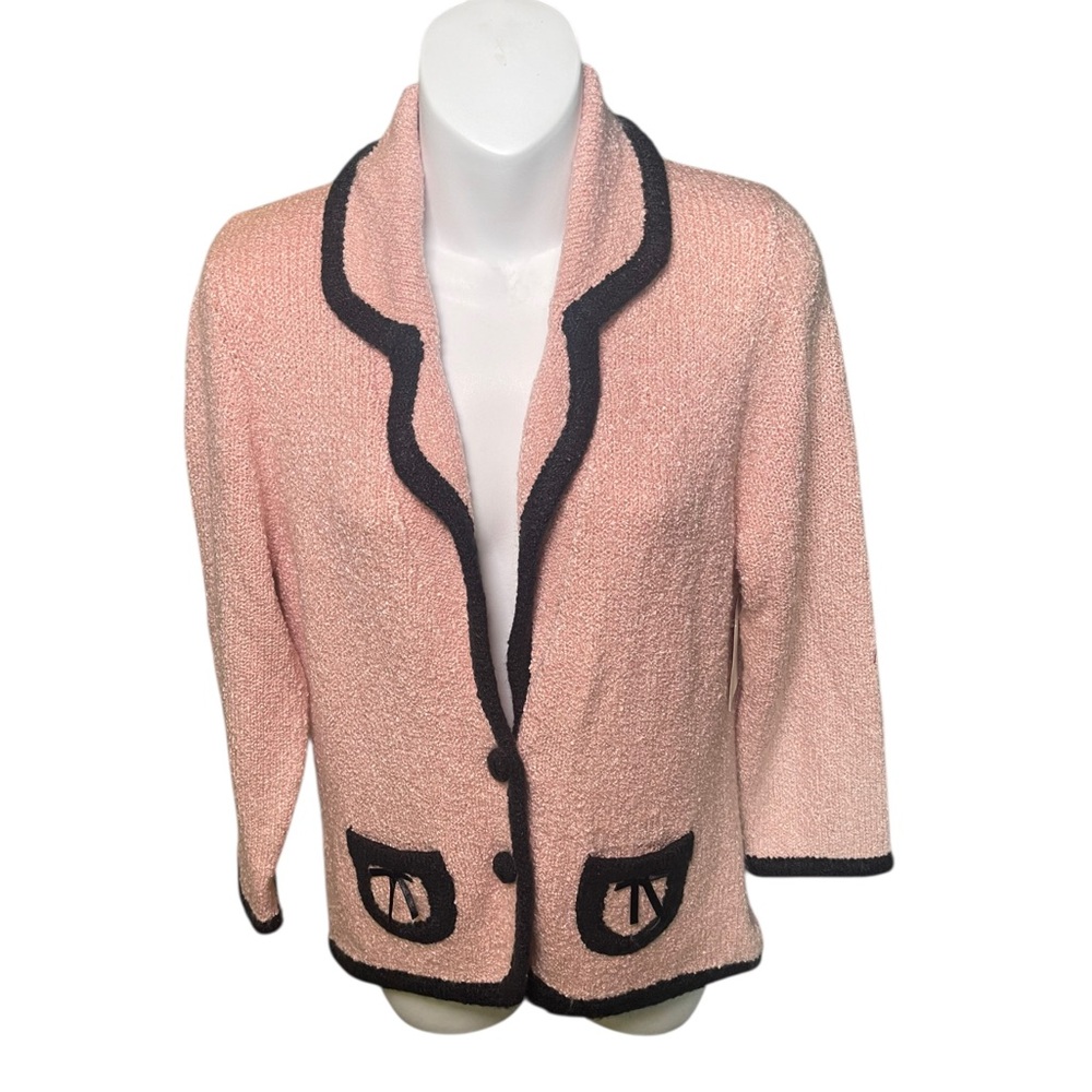 VTG Moda International Boucle Knit Jacket Pink Black Ribbon Small Coquette NEW